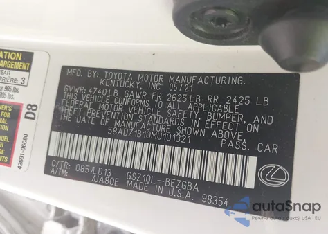 2021 Lexus Es 350 from USA, damaged, VIN 58ADZ1B10MU101321